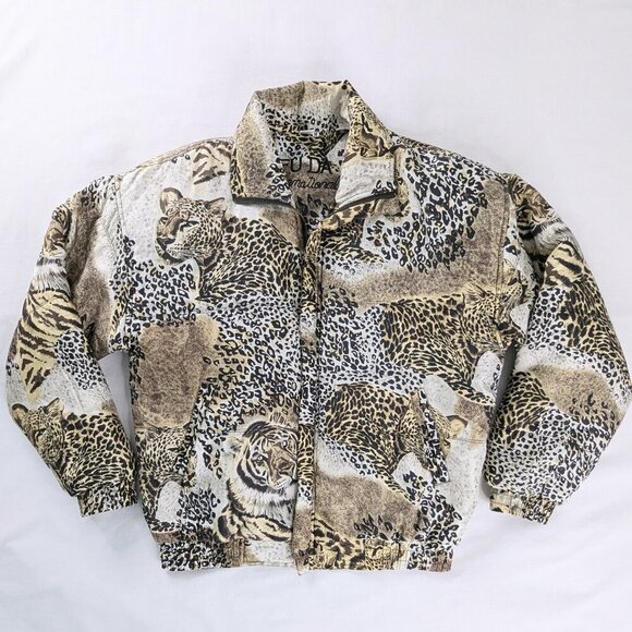 VTG Fuda International Leopard Tiger Silk Full Zip Bomber Jacket Animal Print - Picture 1 of 6